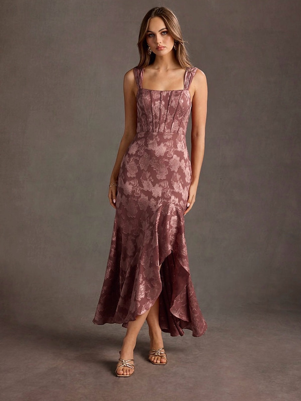 Azazie Vintage Rose Floral Jacquard Midi Dress